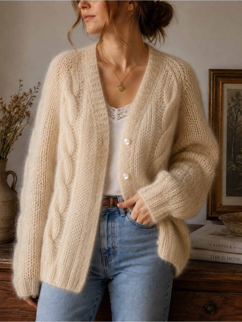 Vintage Italian Mohair Wool Cable Knit Cardigan Cream Yellow Hand Knit Sweater